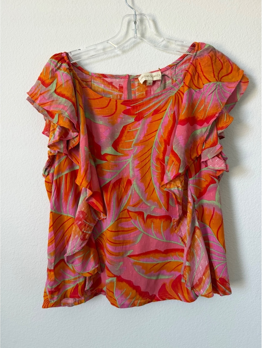 Cynthia Rowley NWT Ruffled Short Sleeve Scoop Neck Tropical Print Blouse Size M